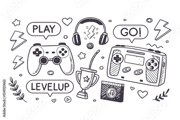 Fototapeta Hand Drawn Retro Video Game Doodle Set: Console, Joystick, Controller, and Arcade Elements Vector Clipart Illustration