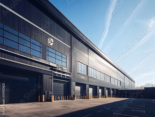Fototapeta Modern industrial building featuring black corrugated metal siding large windows and multiple loading docks under a blue sky.