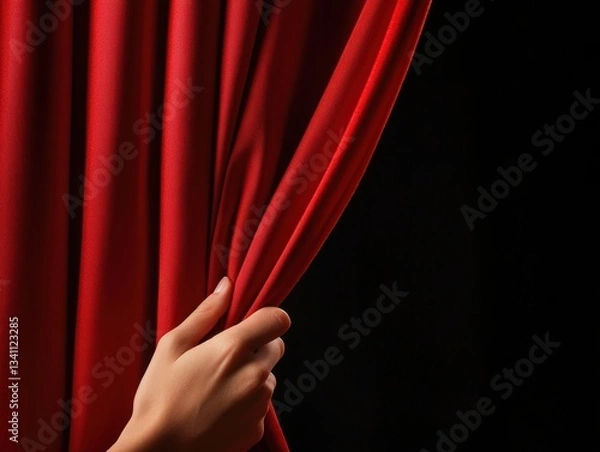 Fototapeta Hand pulling back a red curtain on a dark stage.
