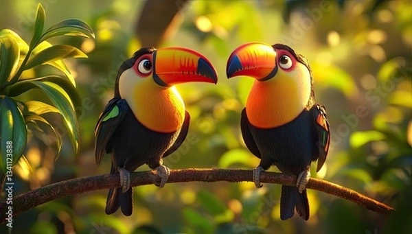 Fototapeta Two toucans perched on a branch in a lush, tropical setting