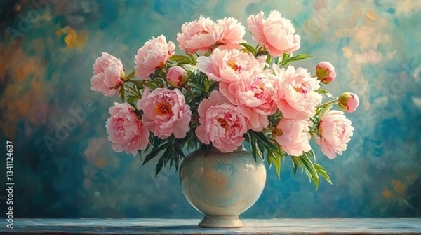 Fototapeta Delicate bouquet of pink peonies elegantly arranged in a beautiful vase against a dreamy, softly blended background