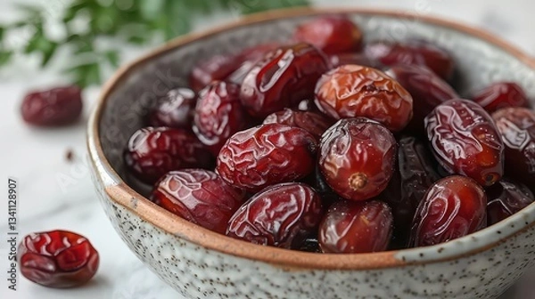 Fototapeta A bowl of dried fruit, including raisins and dates, is sitting on a table