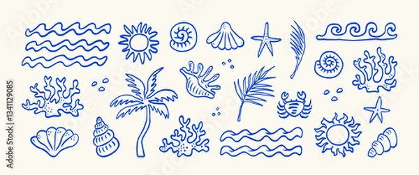 Fototapeta Hand drawn summer vintage icon set. Palm tree, sun and sea, seashells, coral, in doodle sketch style. Drawing ink. Italian concept, ocean, vacation and travel. Vector whimsical elements for print.