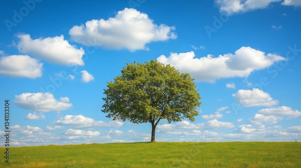 Obraz 澄み渡る青い空と白い雲が映える緑の丘の上に堂々と佇む一本の大樹 | 清々しい自然