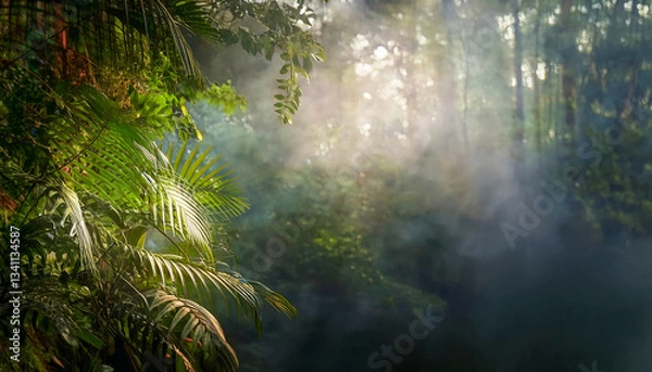 Fototapeta A tropical rainforest with dense green foliage and mist rising from the trees.