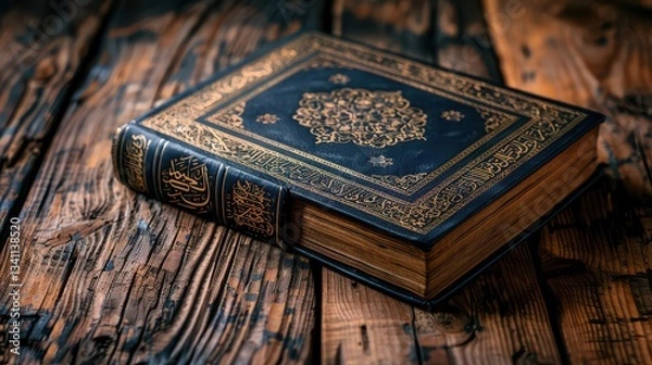 Fototapeta A book with gold embossing sits on a wooden table