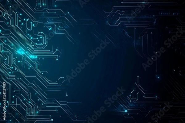 Fototapeta Abstract close-up of a glowing blue digital circuit board, showcasing intricate connections and technological design on a black background.
