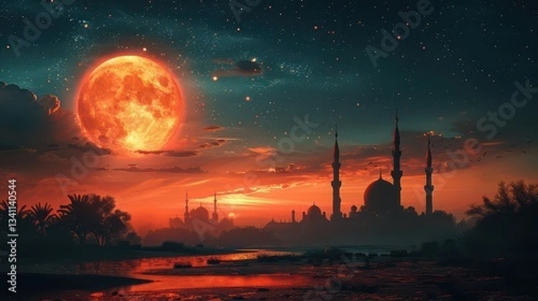 Fototapeta A beautiful night sky with a large red moon and a city in the background