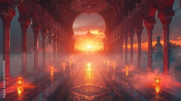Fototapeta A long hallway with a red archway and a sun shining through it