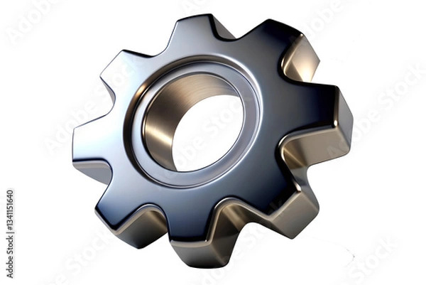 Fototapeta A high-quality 3D-rendered metallic gear icon with a sleek, polished, reflective finish, perfect for industrial and technology-themed designs.
