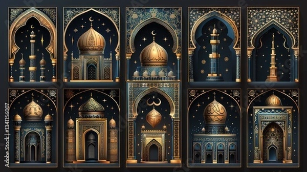 Fototapeta A series of gold and blue buildings with arches and domes