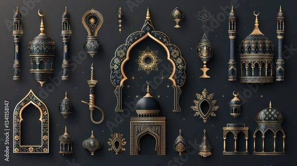 Fototapeta A collection of ornate and intricate designs, including arches, domes, and vases