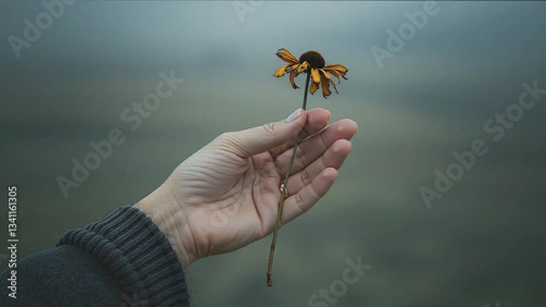 Fototapeta 枯れた黄色い花を持つ指輪をはめた手