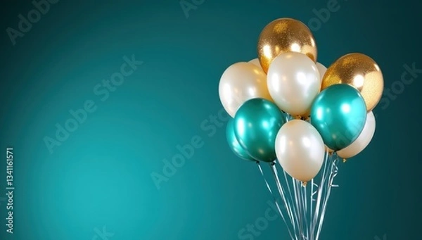 Obraz Teal background, gold & cream balloons. Celebration