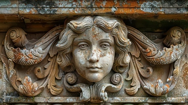Fototapeta A woman's face is carved into a stone wall