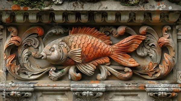 Fototapeta A fish is carved into a stone wall