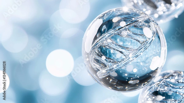 Obraz 3D model of a glass DNA molecule against the background of blue and white glare. Symbolism of science, genetics and technology.