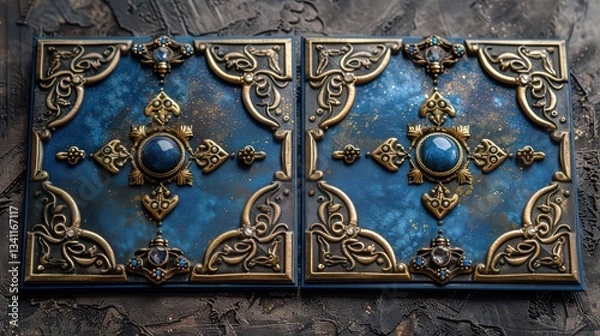 Fototapeta Two blue and gold framed pieces of art with a blue and gold design
