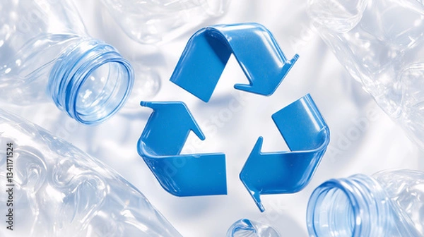 Obraz Among plastic bottles, there is a blue recycling triangle symbol with moving arrows on a white background.