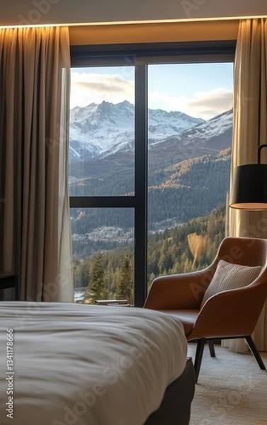 Fototapeta Luxury apartment window frames a serene sea view