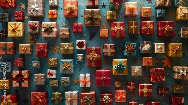 Obraz A background of many wrapped gifts in various colors and patterns.
