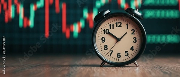 Fototapeta A close-up of an alarm clock on a wooden surface, with a financial graph blurred in the background, indicating the theme of time management in trading or investing.