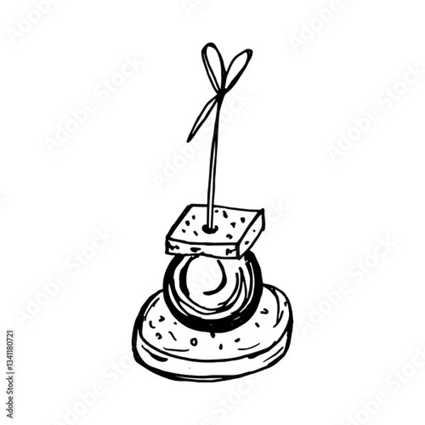 Obraz Vector isolated image of Canape, small sandwich strung on skewer. Snack for alcohol, appetizer. Single black and white sketch on white background.