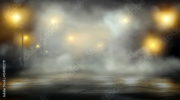 Fototapeta Mystical Foggy City Night Scene - A captivating urban landscape shrouded in a mysterious fog, illuminated by warm street lights. An evocative night scene, perfect for backgrounds and wallpapers.