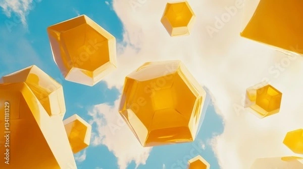 Fototapeta Floating Geometric Structures Against a Cloudy Sky - A Stunning Abstract Architectural Design