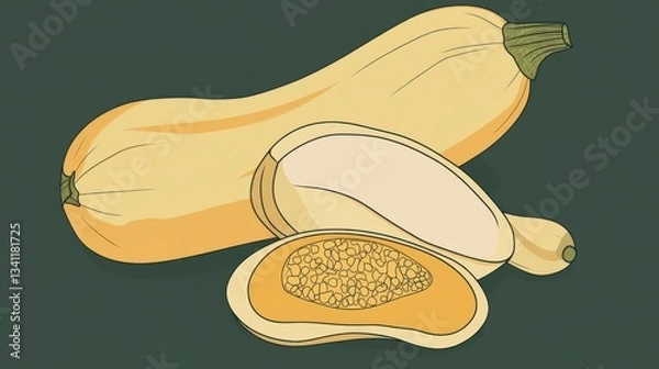 Fototapeta Stunning Illustration of a Butternut Squash, Exquisitely Depicted in Vibrant Yellow Hues, Showcasing the Exquisite Details of its Cut Slice, Perfect for Culinary Inspiration and Healthy Eating