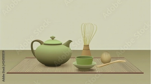 Fototapeta Serene Green Tea Ceremony Scene: Simple Teaware Arrangement
