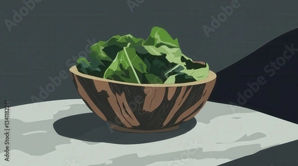 Fototapeta A Simple Still Life of Fresh Greens in a Wooden Bowl