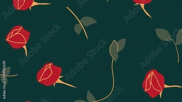 Fototapeta Dark Green Background with Red Roses and Gold Details