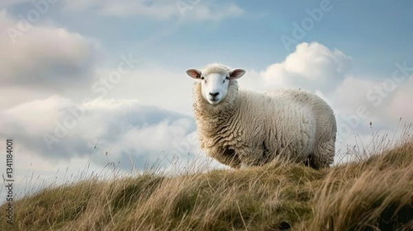 Fototapeta Portrait of white sheep on a hill with clouds.