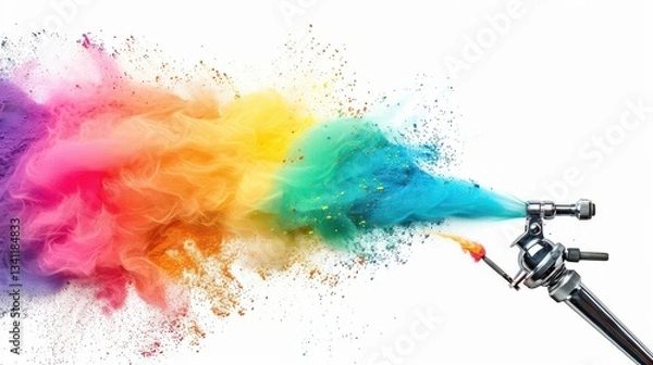 Fototapeta professional chrome metal airbrush acrylic color paint gun tool with colorful rainbow spray holi powder cloud explosion isolated on white panorama background industry art scale model modelling concept