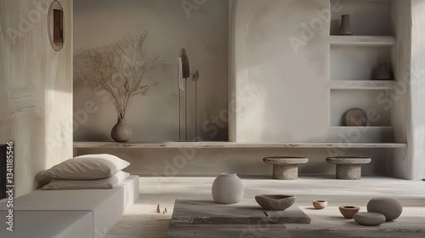 Fototapeta quiet luxury home interior of a luxurious neutral home decor, minimalist stone and clay ceramics, subtle colours quality textures and fabrics