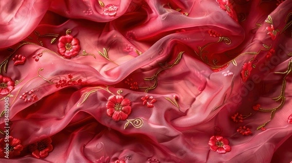 Fototapeta red and pink fabric texture background with embroided pattern