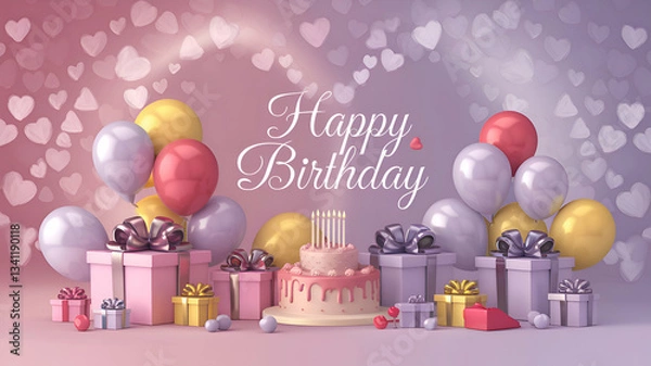 Fototapeta There are brightly colored gifts, shiny balloons, and an elegant celebration cake. A birthday illustration with a heart-shaped pattern background with the message 'Happy Birthday'.