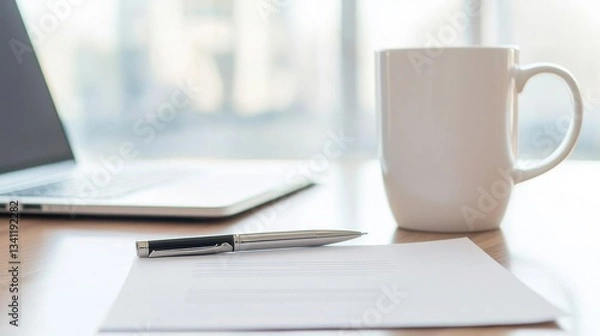 Obraz Workspace Setup with Laptop, Cup of Coffee, and Blank Paper