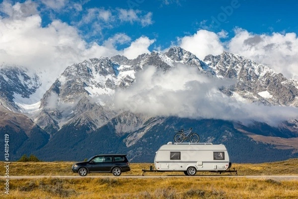 Obraz Family road trip vacation adventure unfolds on a sunny highway with a car carrying bicycles on its roof and towing a caravan, all set against a breathtaking mountain backdrop