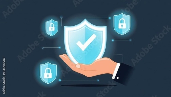 Fototapeta A digital illustration of a hand holding a shield symbolizing security, surrounded by icons of padlocks and shields, representing protection and cybersecurity.