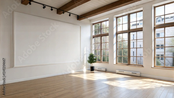Obraz Bright empty room with hardwood floors and large windows bathed in sunlight. Spacious interior with white walls, wooden ceiling beams, and small potted plant in corner. Concept: real estate, interior 