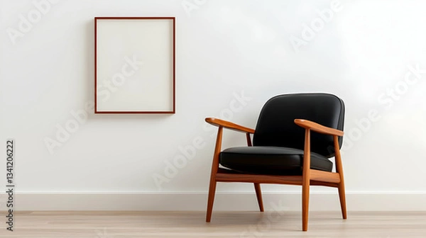 Obraz Mid Century Modern Black Armchair and Empty Frame on White Wall
