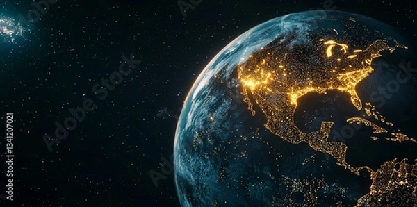 Fototapeta The cityscape of the future is shown with a digital network and illuminated skyline that is reflected in the water during nighttime hours