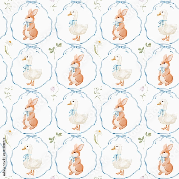 Obraz A charming and whimsical illustration adorable rabbits and ducks