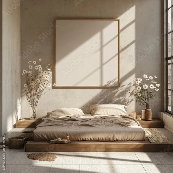 Fototapeta A white bed with a white comforter and pillows. A framed white picture is on the wall. A vase with daisies is on the bed