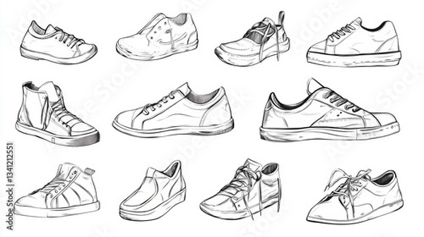 Obraz A hand-drawn black-and-white shoe sketch, illustrating various footwear styles in a detailed line art vector format