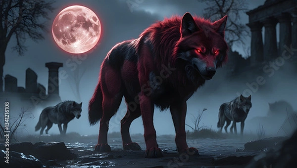 Obraz Under the Crimson Moon Wolves in a Mysterious Realm wolf red eyes