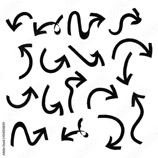 Obraz Hand drawn pencil arrows. Doodle curved chalk darts. Texture design elements of scribble lines. Vector illustration of hand painted crayon check lines in eps 10.