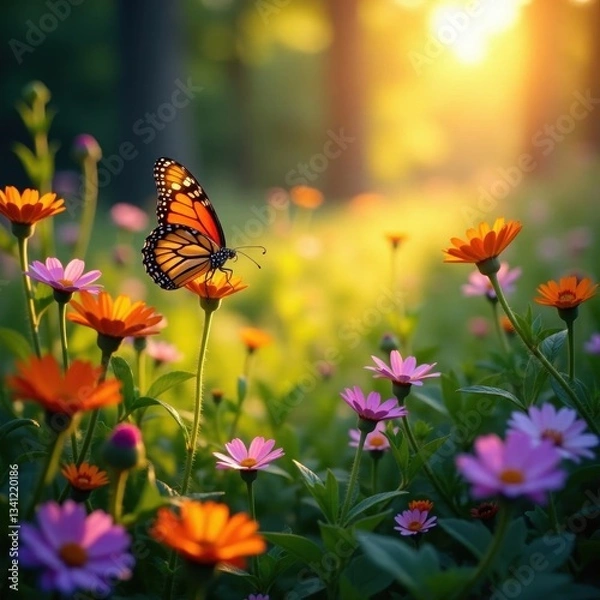 Fototapeta Golden hour light bathes vibrant wildflowers & butterflies, macro, spring